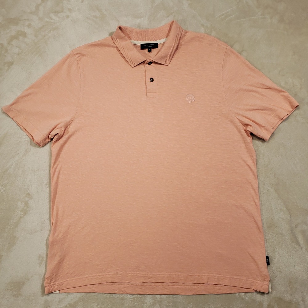 Ted Baker Polo Shirt Men‎ Size 5 Peach Slub Jersey Short Sleeve Casual Logo XL